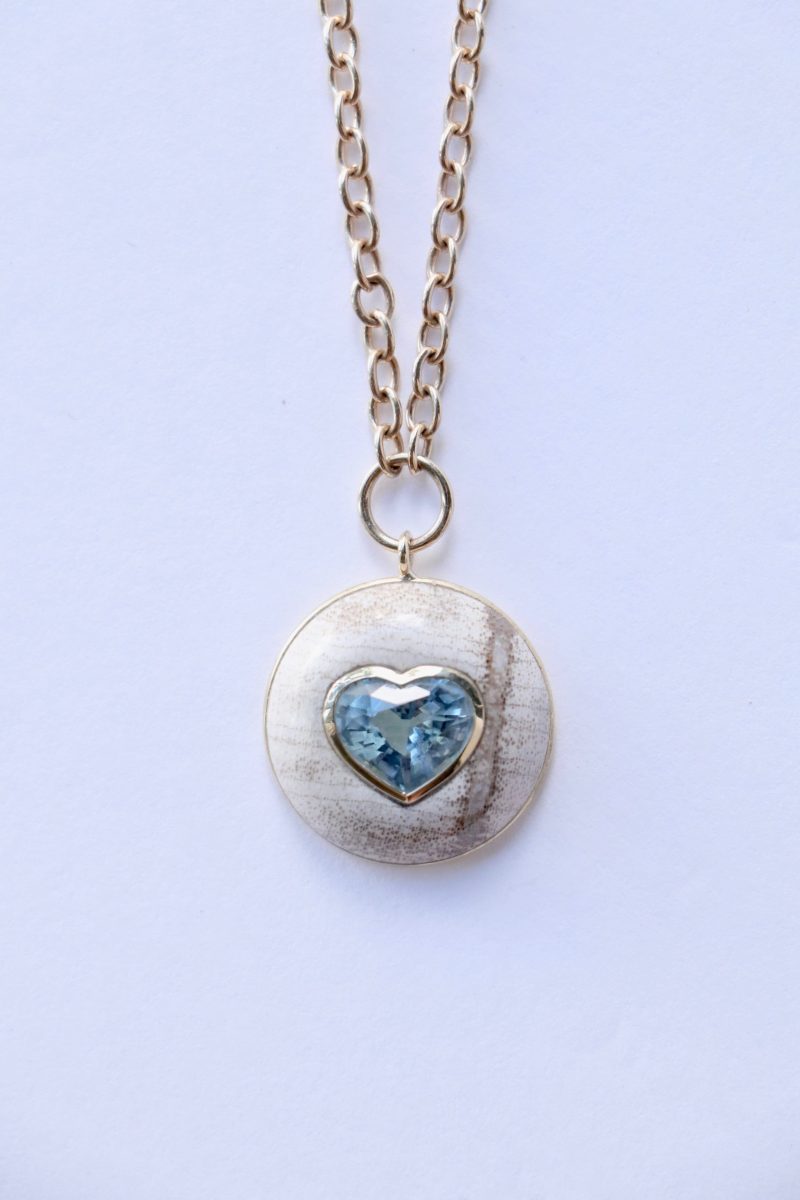 retrouvai lollipop pendant 243ct aquamarine heart in hand carved petrified wood jewelry retrouvai 287391