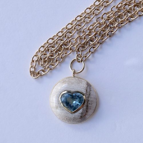 retrouvai lollipop pendant 243ct aquamarine heart in hand carved petrified wood jewelry retrouvai 659583