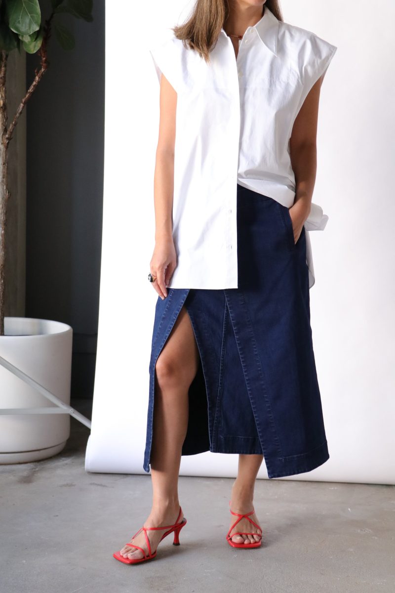 tibi classic indigo denim wrap skirt in indigo bottoms tibi 376731