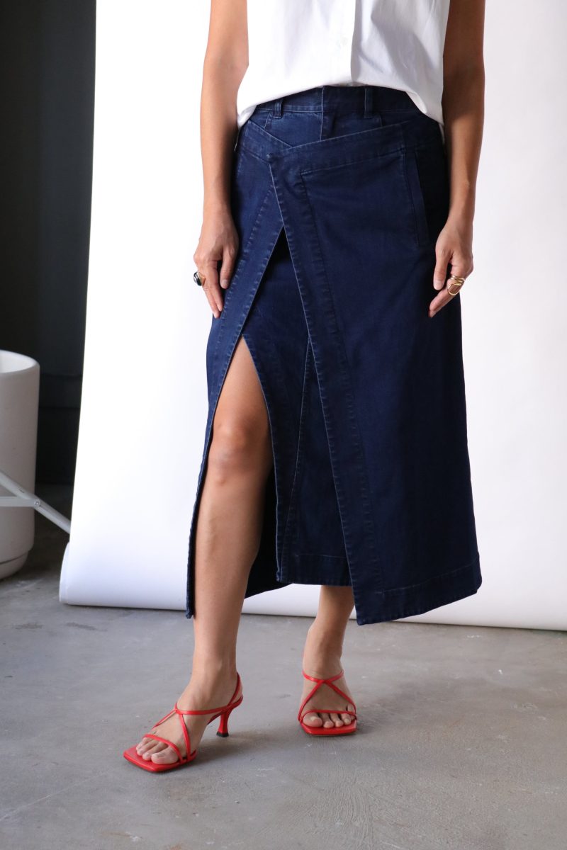 tibi classic indigo denim wrap skirt in indigo bottoms tibi 445620