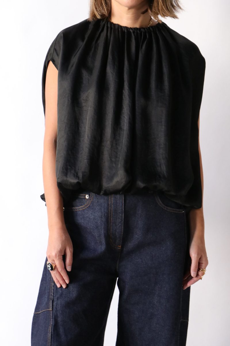 tibi light weight acetate shirred neck circular top in black tops blouses tibi 250245