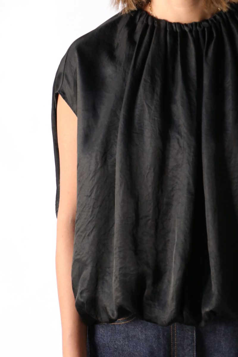 tibi light weight acetate shirred neck circular top in black tops blouses tibi 443175